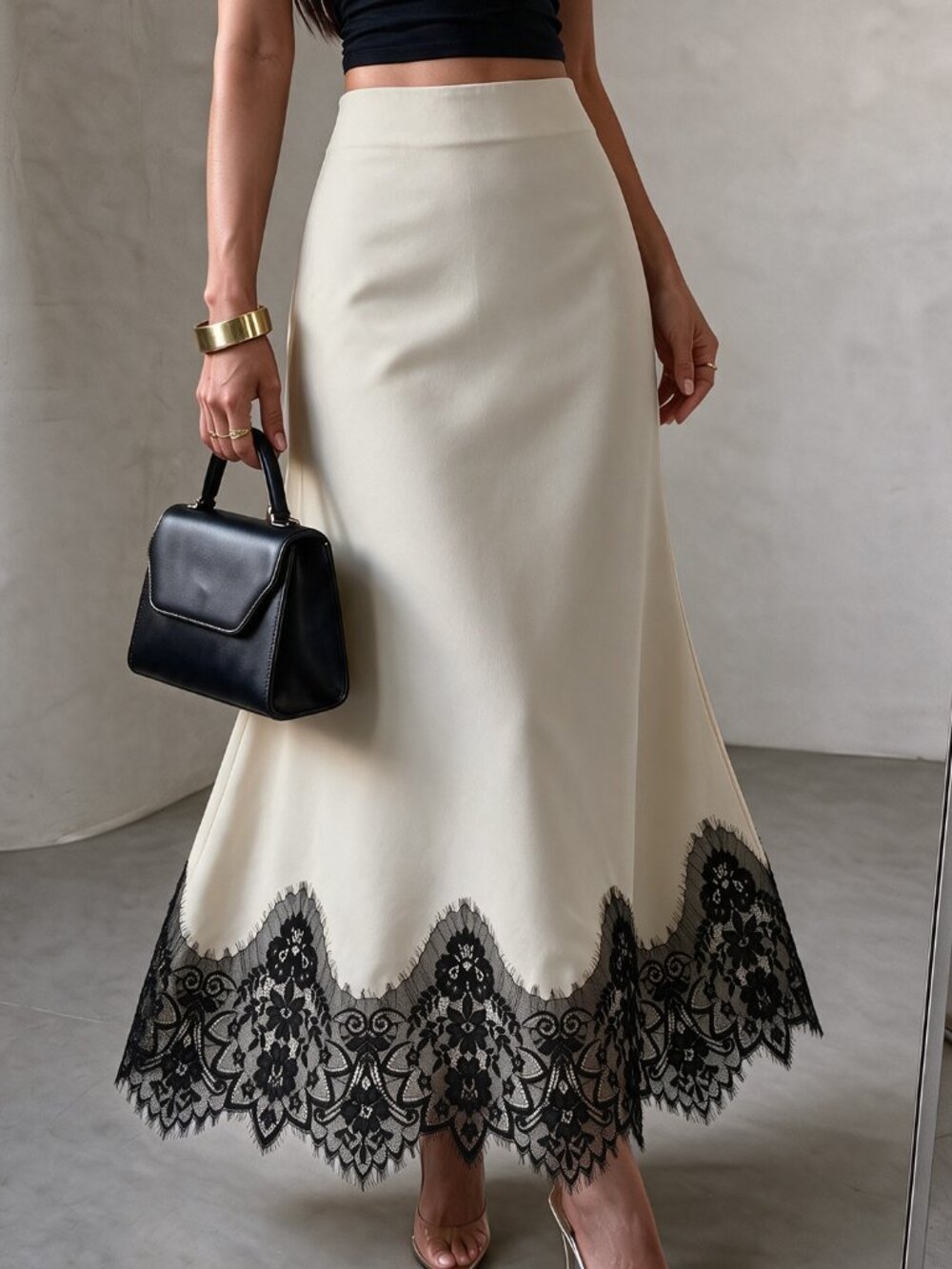 Apricot Elegant Women's High Waist Contrast Lace Hem Maxi A‑Line Skirt